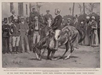 An der Front mit der Nil-Expedition, Slatin Pascha zeigt sein dressiertes Pferd Plum Pudding